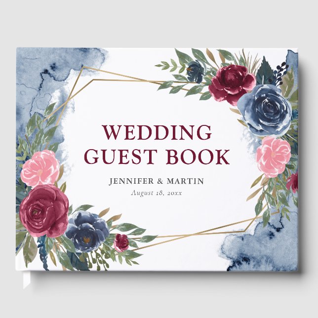 Navy Blue Burgundy Gold Geometric Floral Wedding Guest Book (Front)