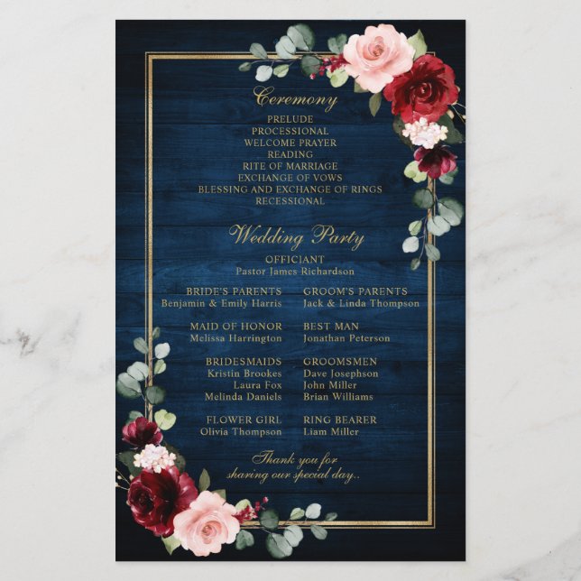 Navy Blue Burgundy Gold Geometric Wedding Program (Back)