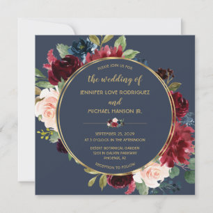 Navy Blue Burgundy Gold Watercolor Floral Blooms