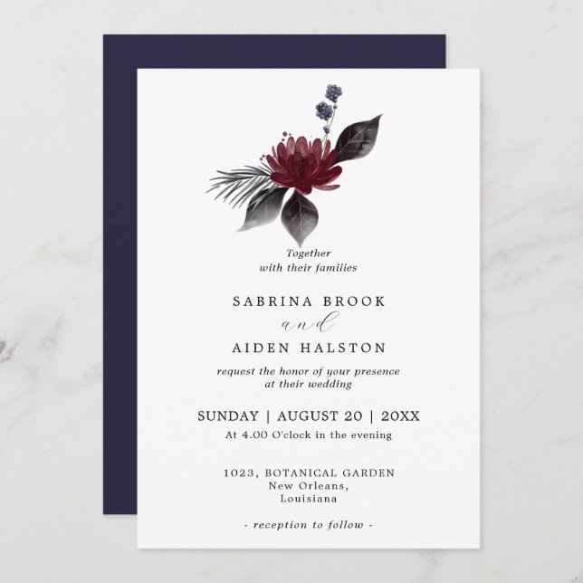 Navy Blue Burgundy Gothic Floral Wedding  Invitation (Front/Back)