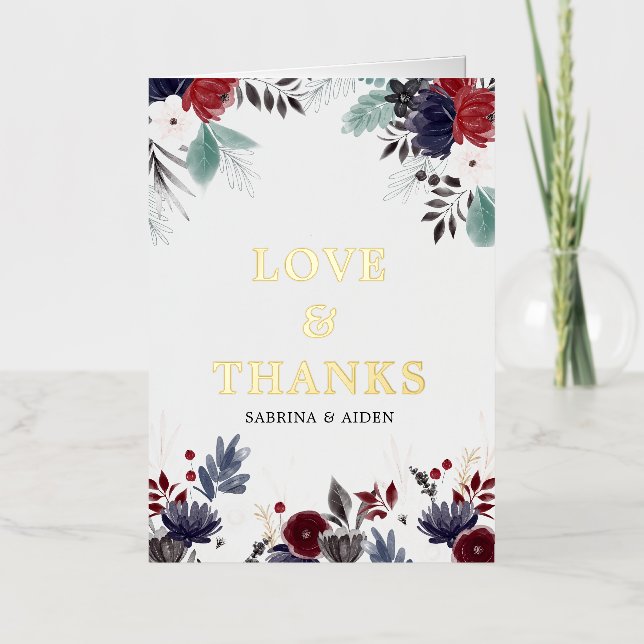 Navy Blue Burgundy Gothic Floral Wedding Thank You Foil Greeting Card (Front)