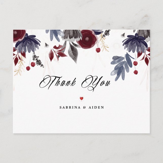 Navy Blue Burgundy Gothic Floral Wedding Thank You Postcard (Front)