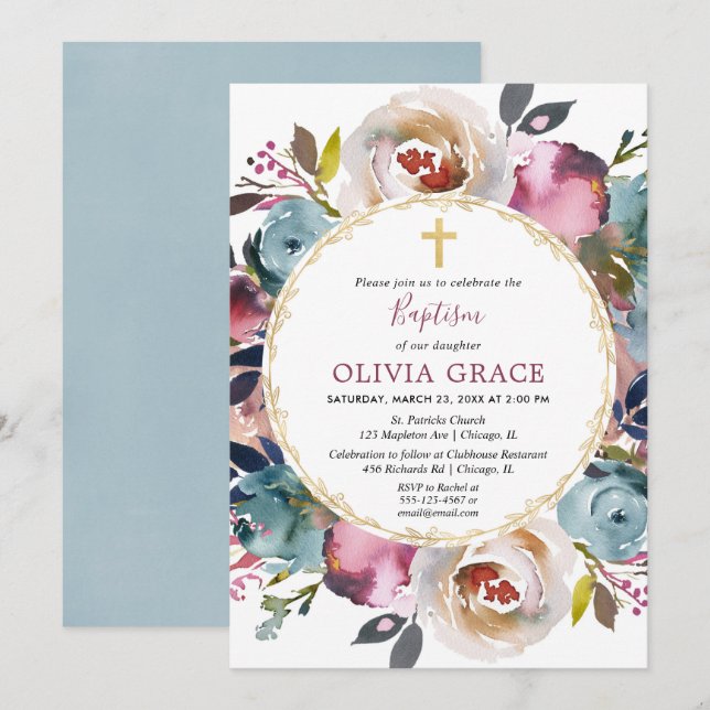 Navy blue burgundy merlot Baptism floral Invitation (Front/Back)