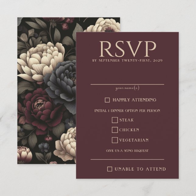Navy Blue & Burgundy Moody Floral Food Choices RSVP Card (Front/Back)
