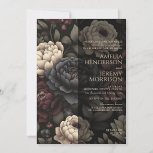 Navy Blue & Burgundy Moody Floral with QR Code Invitation