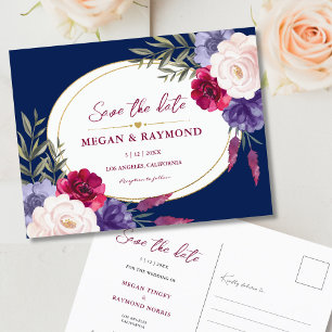 Navy Blue Burgundy Peony Geometric Save the Date Postcard