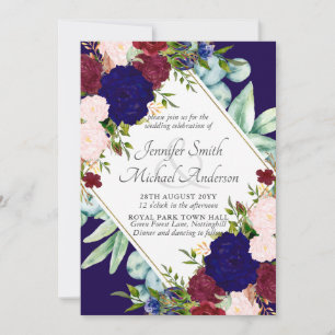 Navy Blue Burgundy Pink Floral Wedding Invitation