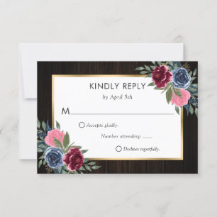 Navy Blue Burgundy Pink Gold Floral Wedding RSVP Card