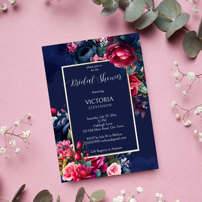 Navy blue burgundy pink roses bridal shower invitation (Navy blue burgundy pink peony vintage roses gold frame bridal shower invitation template )