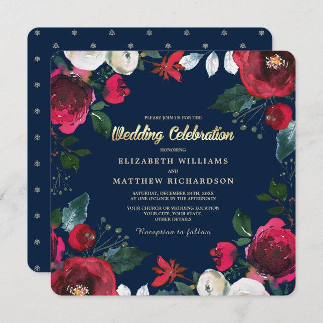 Navy Blue | Burgundy Red Bloom Wedding  Invitation (Front/Back)