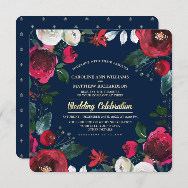 Navy Blue | Burgundy Red Bloom Wedding  Invitation (Front/Back)