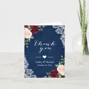 Navy Blue Burgundy Red Blush Floral Lace Thank You Card