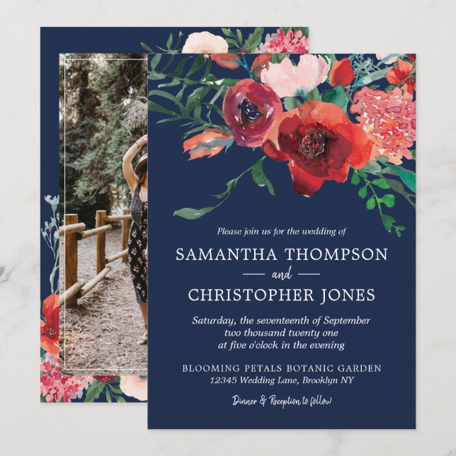 Navy Blue Burgundy Red Coral Floral Photo Wedding Invitation (Front/Back)
