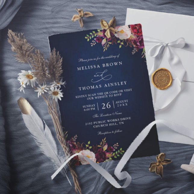 Navy Blue Burgundy Red Floral QR Code Wedding Invitation (Creator Uploaded)