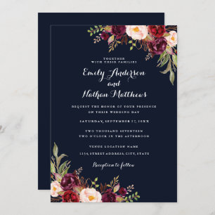 Navy Blue Burgundy Red Floral Wedding Invitation