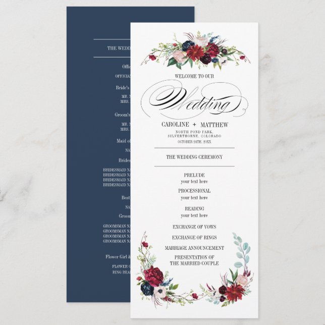 Navy Blue | Burgundy Red Floral Wedding Program Invitation (Front/Back)