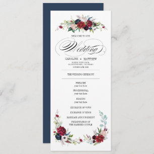 Navy Blue   Burgundy Red Floral Wedding Program Invitation