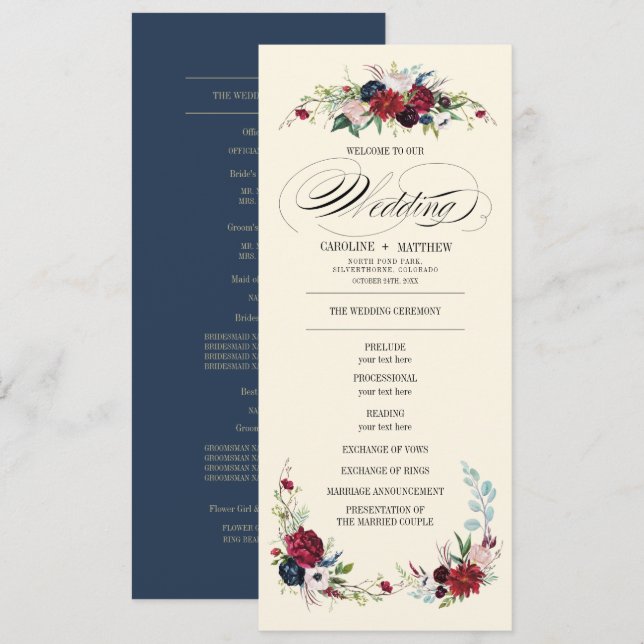Navy Blue | Burgundy Red Floral Wedding Program Invitation (Front/Back)