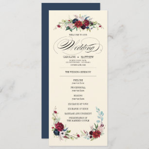 Navy Blue Burgundy Red Floral Wedding Program Invitation
