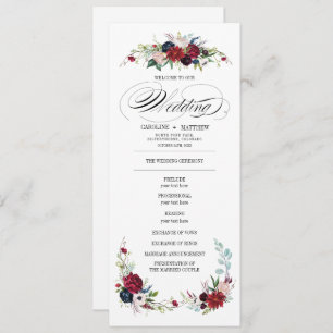 Navy Blue Burgundy Red Floral Wedding Program Invitation