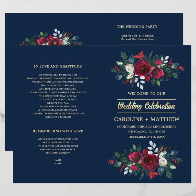 Navy Blue | Burgundy Red Floral Wedding Programs (Front/Back)