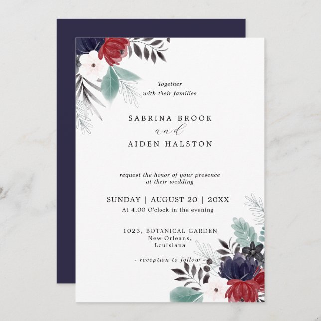 Navy Blue Burgundy Red Gothic Floral Wedding  Invitation (Front/Back)