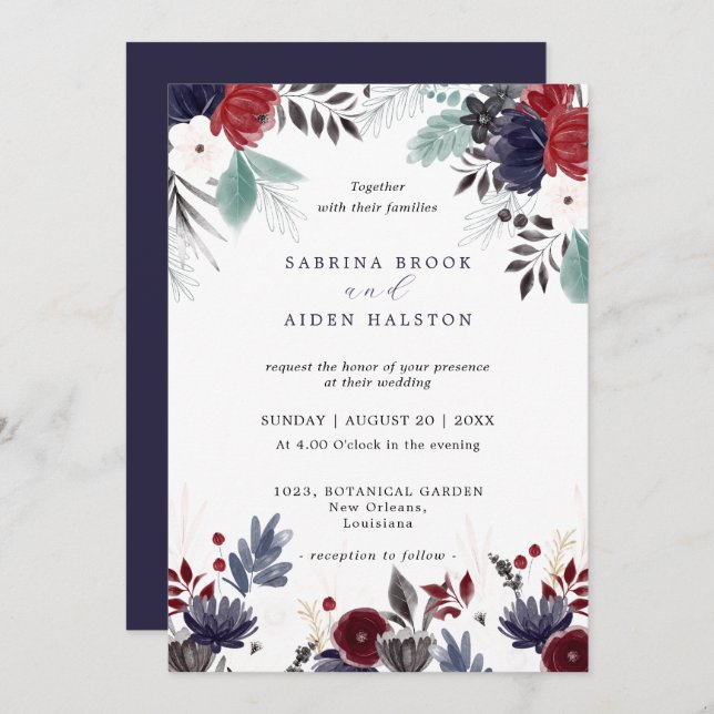 Navy Blue Burgundy Red Gothic Floral Wedding  Invitation (Front/Back)