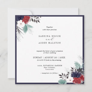 Navy Blue Burgundy Red Gothic Floral Wedding Invitation