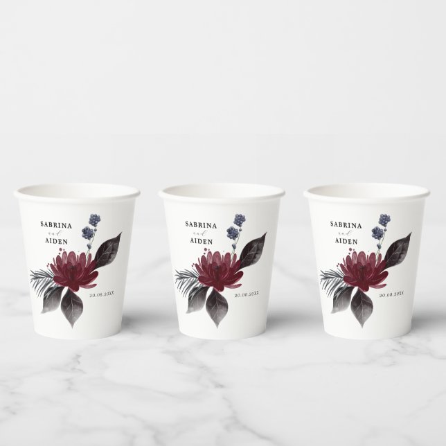 Navy Blue Burgundy Red Gothic Floral Wedding Paper Cups (Multi)