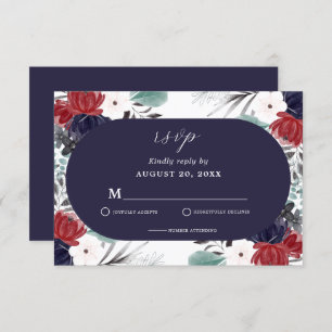 Navy Blue Burgundy Red Gothic Floral Wedding RSVP Card