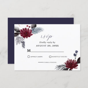 Navy Blue Burgundy Red Gothic Floral Wedding  RSVP Card