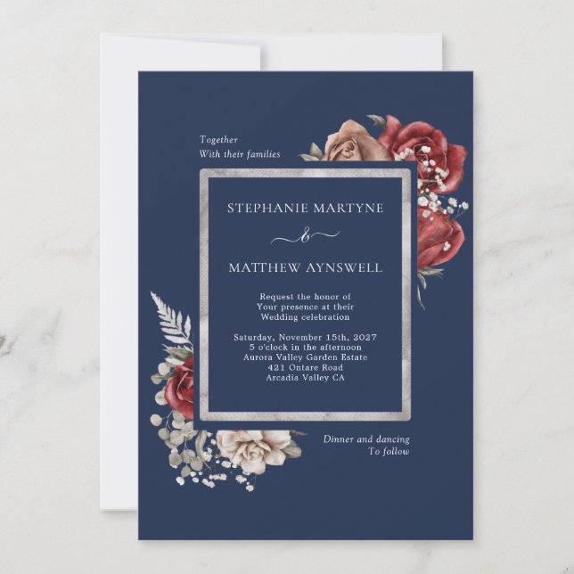 Navy Blue Burgundy Red Rose Botanical Wedding Invitation (Front)