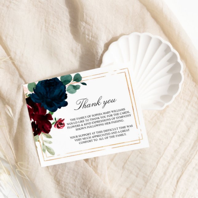 Navy Blue & Burgundy Rose Funeral Thank You Note (Creator Uploaded)
