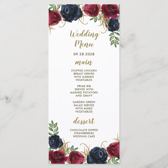 Navy Blue Burgundy Rustic Boho Wedding Menu Cards (Front)