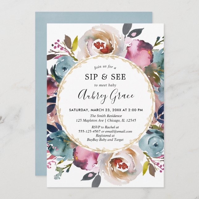 Navy blue burgundy rustic floral sip and see invitation (Front/Back)