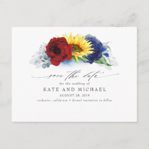 Navy Blue Burgundy Sunflower Yellow Save the Date Postcard