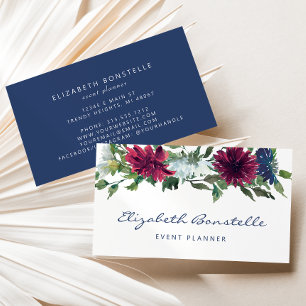 Navy Blue Burgundy Watercolor Floral Business Card