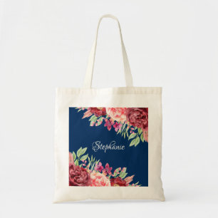 Navy Blue Burgundy Watercolor Floral Monogram Tote Bag