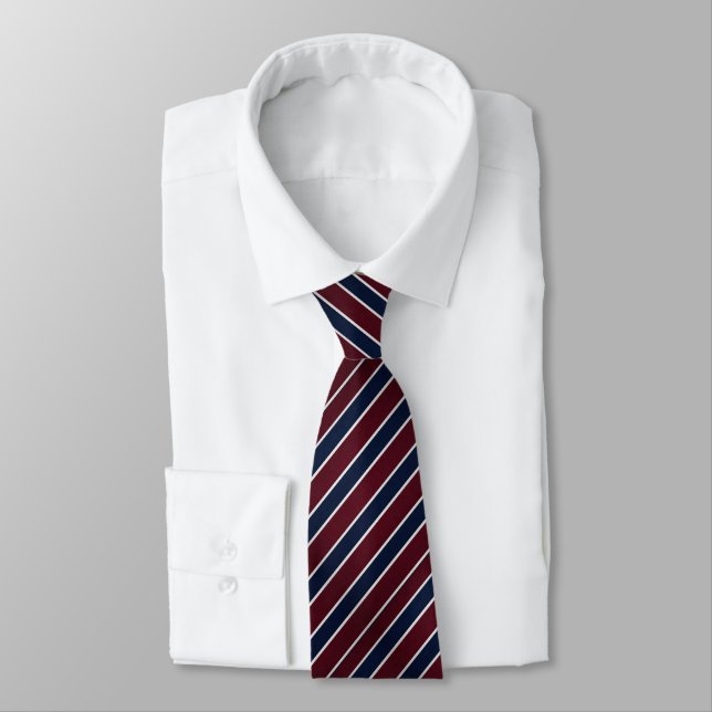 Navy Blue Burgundy White Diagonal Striped  Tie (Tied)