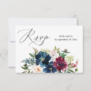 Navy Blue, Burgundy & White Floral w Meal RSVP 2 Card