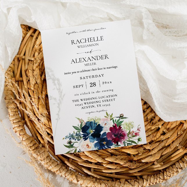 Navy Blue, Burgundy & White Floral Wedding Invitation (Creator Uploaded)