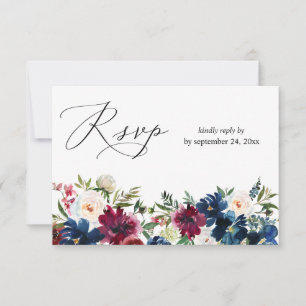 Navy Blue, Burgundy & White Floral with Meal RSVP Card