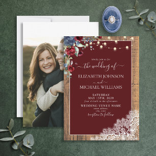 Navy Blue Burgundy Wood Script Lace Photo Wedding Invitation