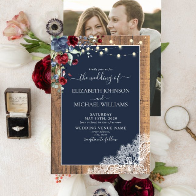 Navy Blue Burgundy Wood Script Lace Photo Wedding Invitation (Creator Uploaded)
