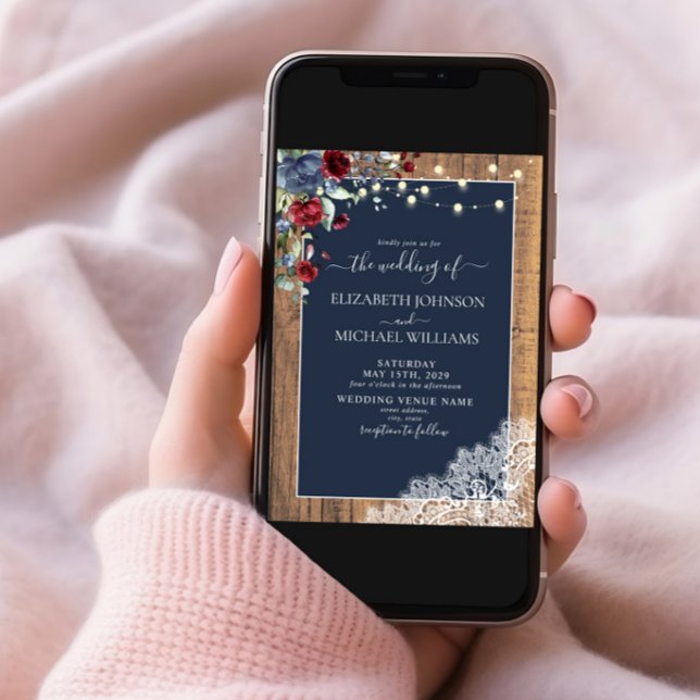Navy Blue Burgundy Wood Script Lace Photo Wedding Invitation (Creator Uploaded)