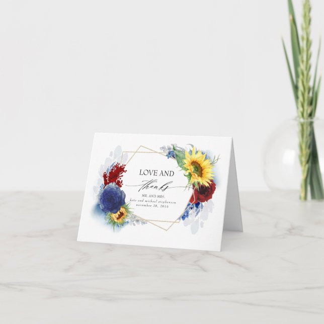 Navy Blue Burgundy Yellow Fall Wedding Thank You (Front)