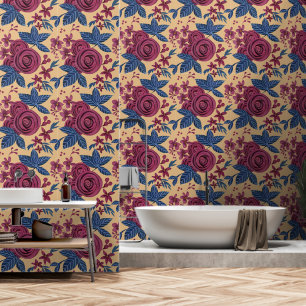 Navy Blue Burgundy yellow gold Watercolor Floral  Wallpaper