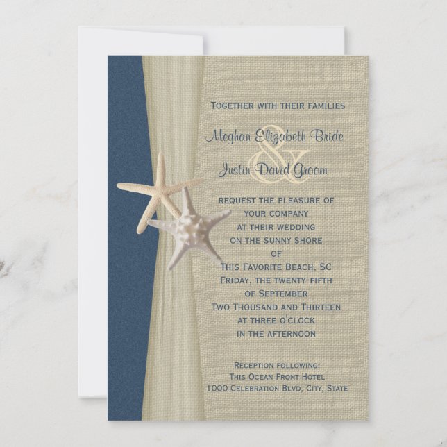Navy Blue Burlap and Starfish Beach Wedding Invitation (Back)