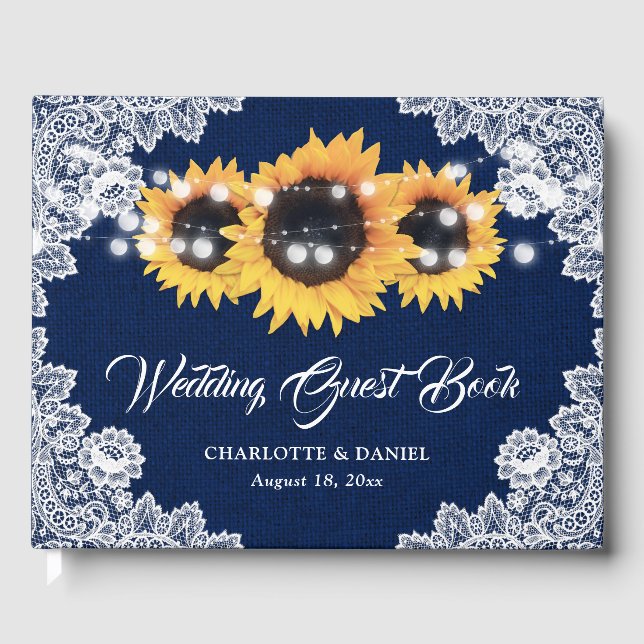 Navy Blue Burlap Floral Lace Sunflower Wedding Guest Book (Front)