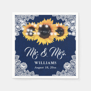 Navy Blue Burlap Floral Lace Sunflower Wedding Napkin